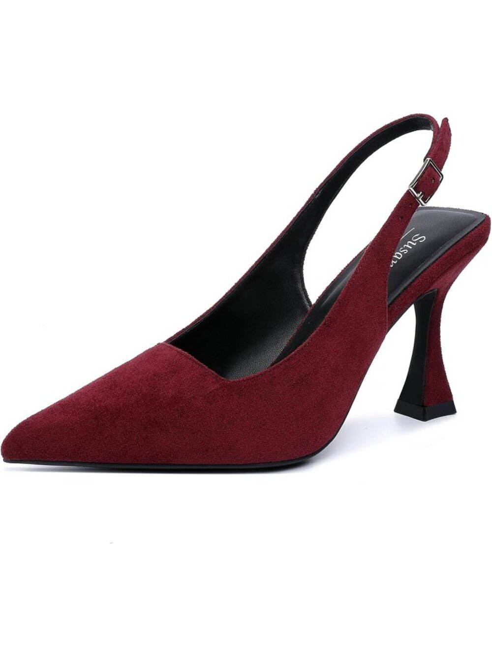 Women's Burgundy Suede Slingback Kitten Pump Closed Pointy Toe Chunky Heel Shoes